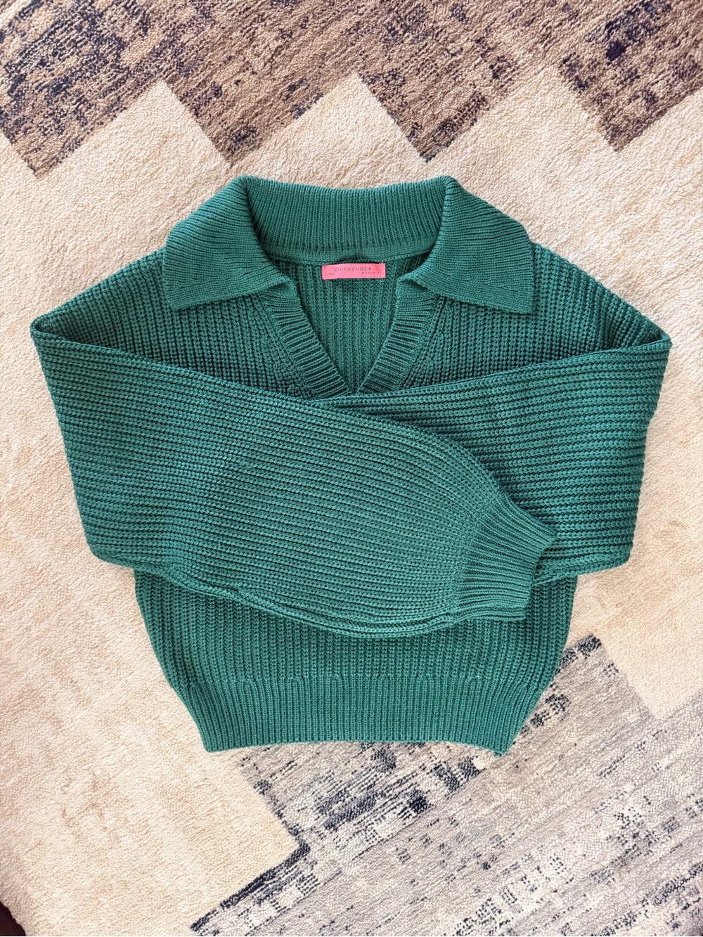 Signature8 Teal Green Collared V-Neck Knit Sweater - Women